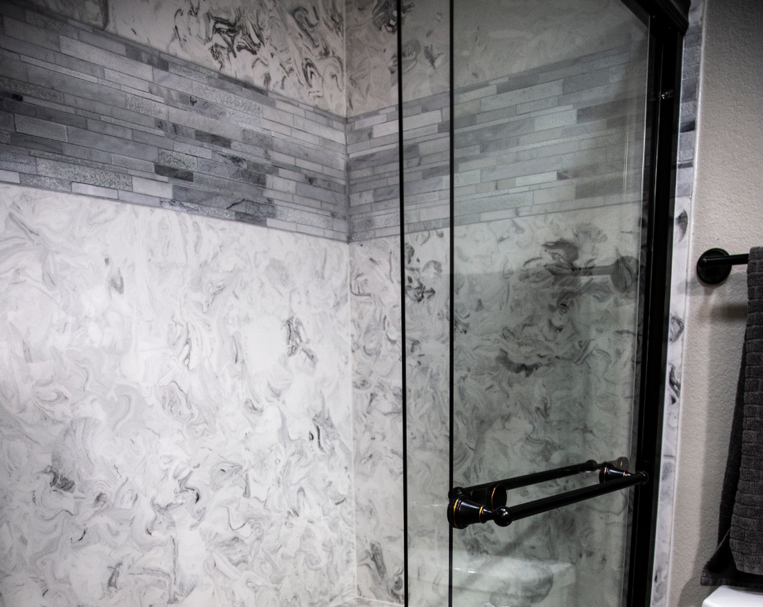 Italian Cultured Marble Walk-In Shower with Seat and Sliding Door