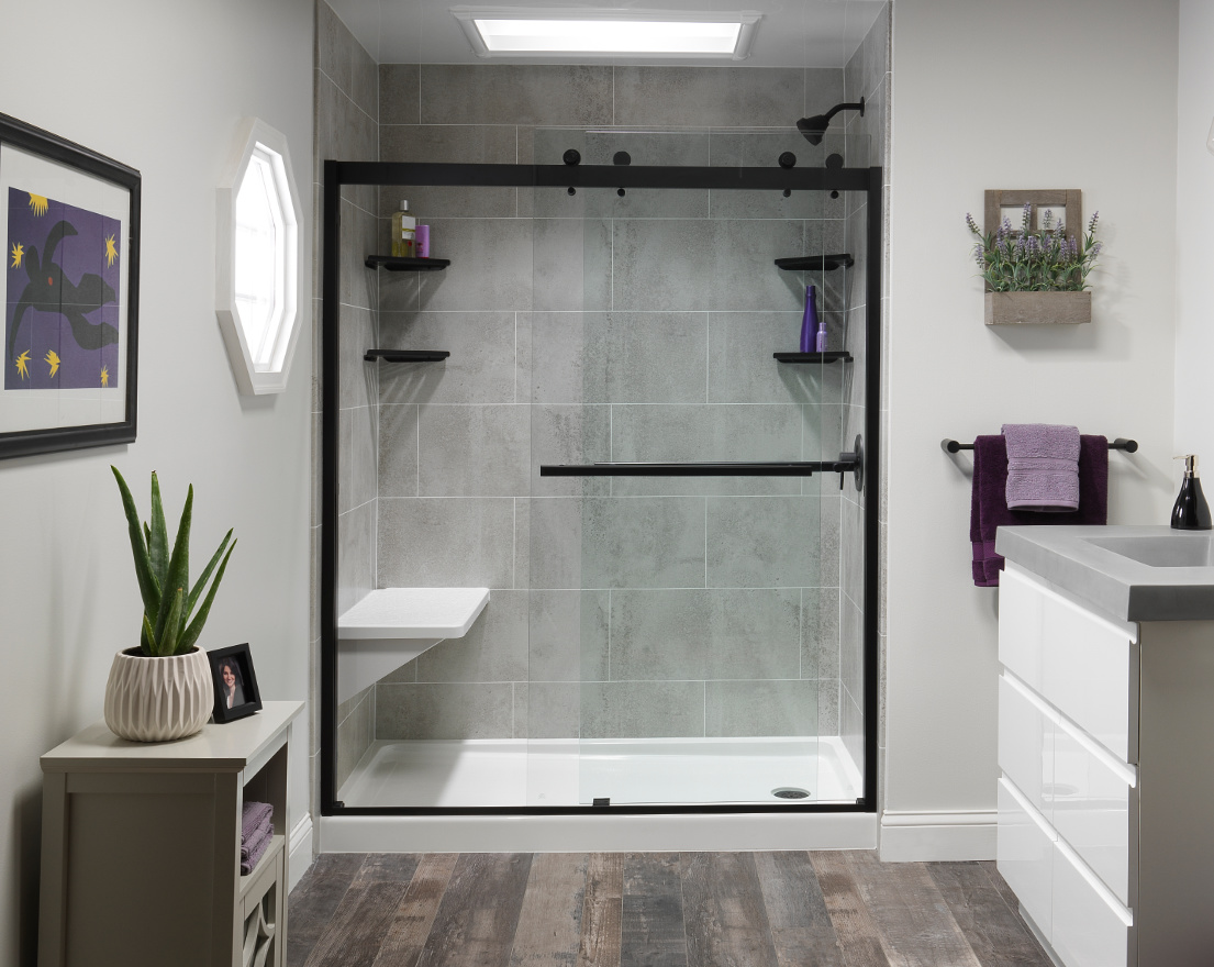Carbon Ash Roman Block Walk-In Shower with Seat